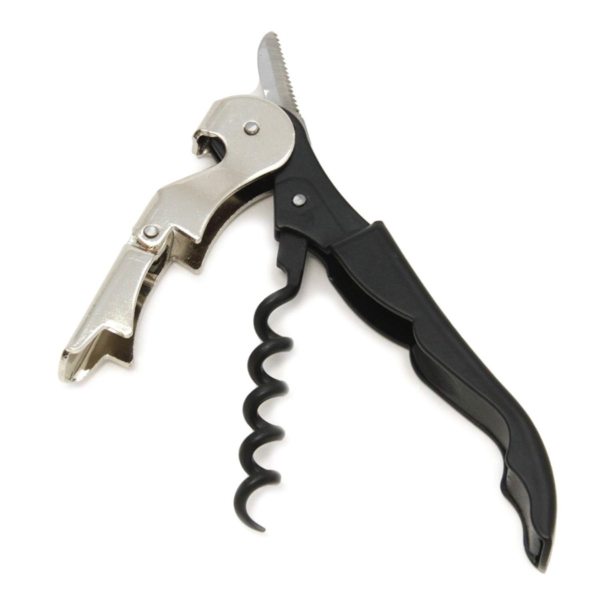 black and silver corkscrew on white background