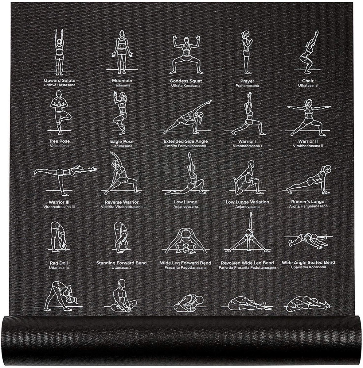 black yoga mat with poses on it