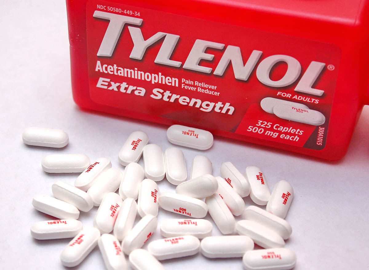 Box of Tylenol Extra Strength will pills spread out