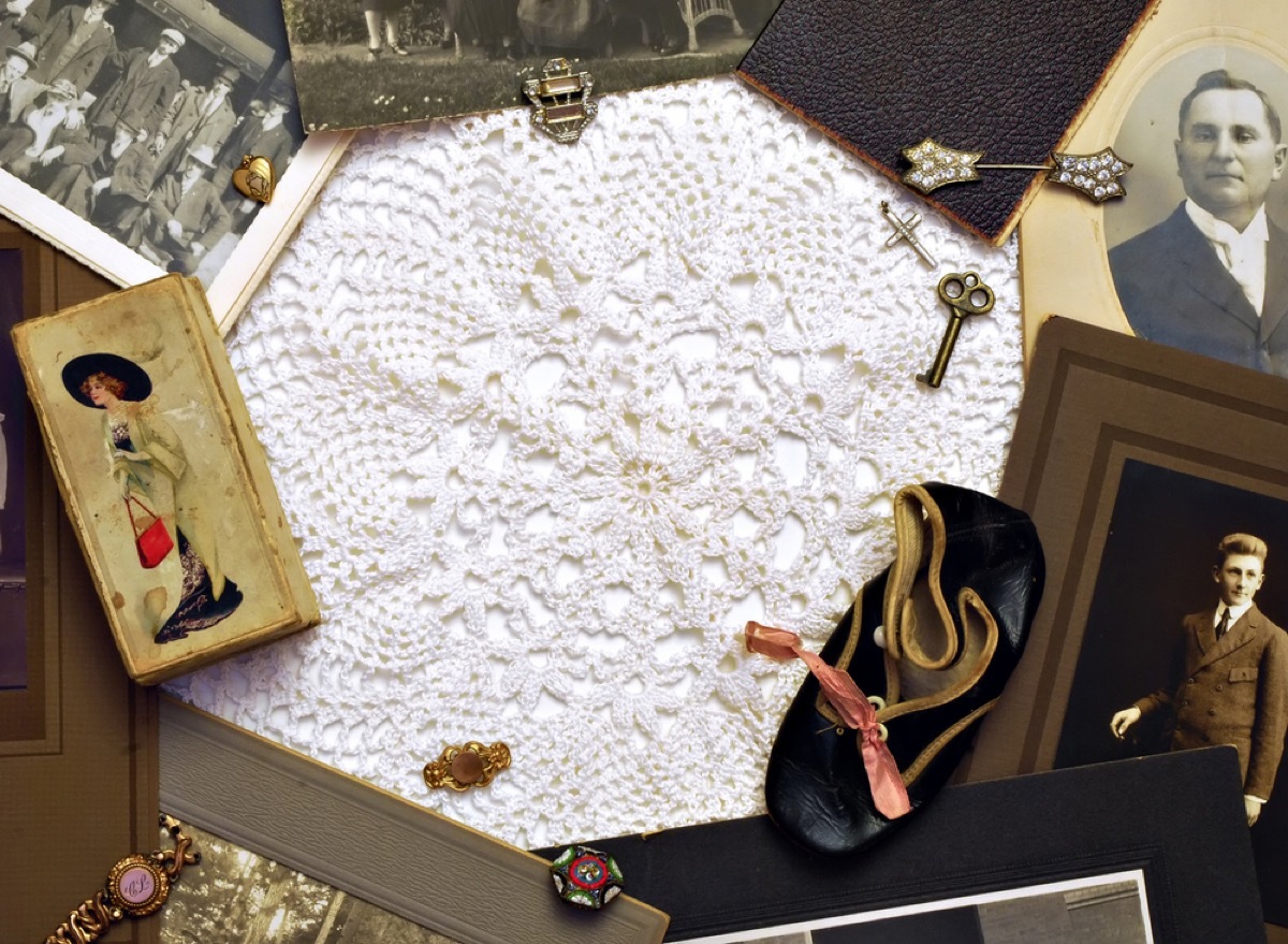 doily, key, book, shoe, and other family heirlooms