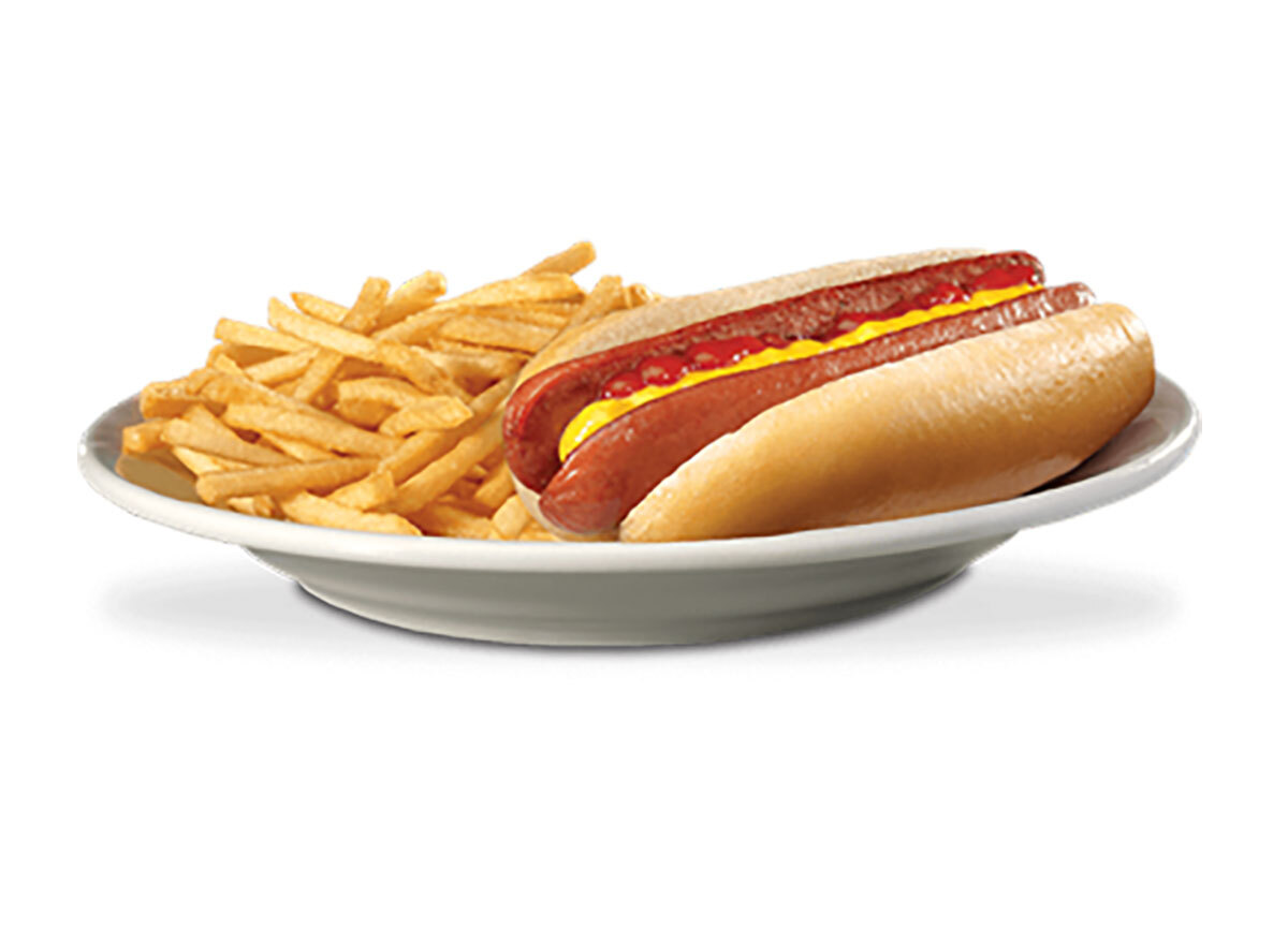 steak n shake steak frank with fries on a white plate