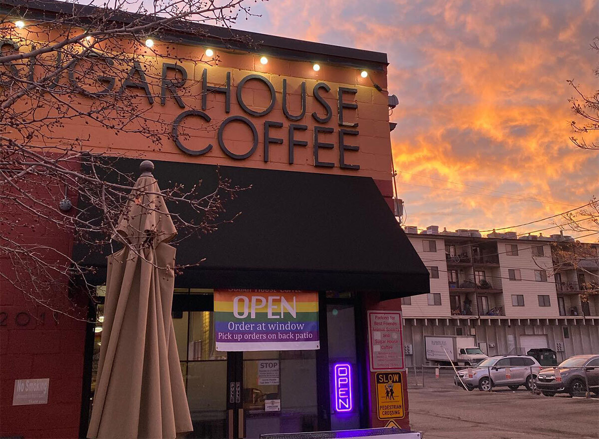 sugar house coffee exterior with sunset