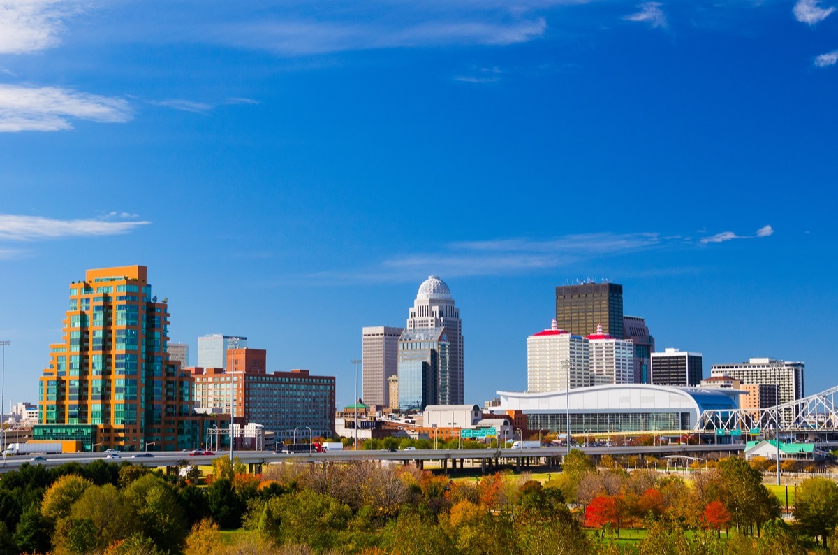 Louisville downtown skyline view with a park with trees in the foreground. Picture taken during autumn.