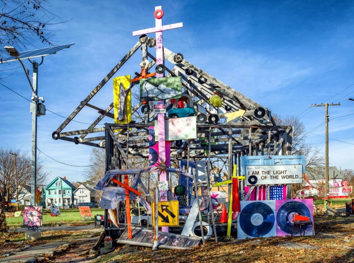 an outdoor art environment in the heart of an urban area of Detroit