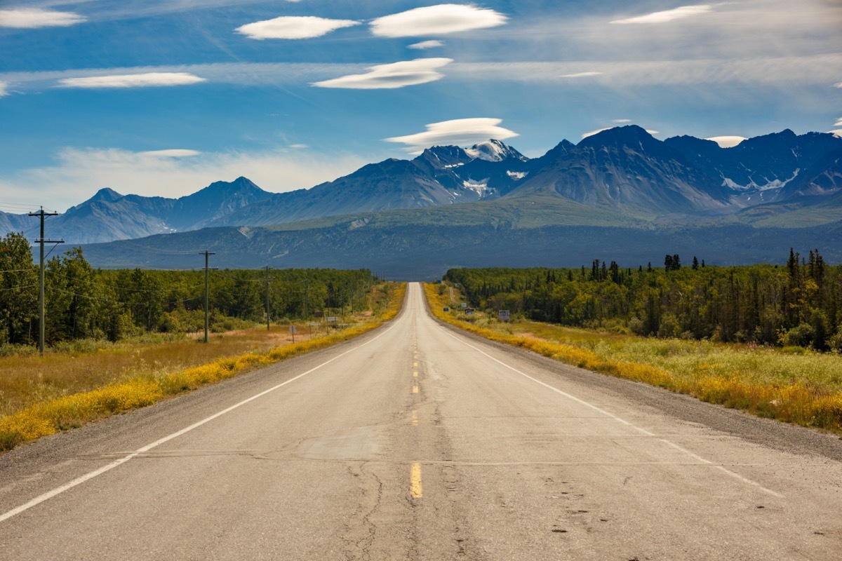 a road leads into a mountain range in Alaska in the summer