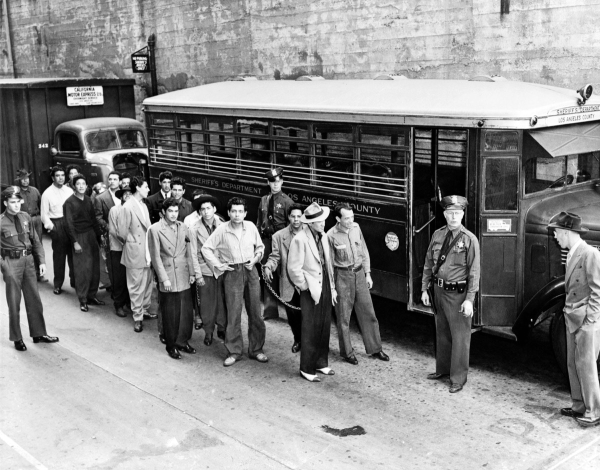 CWC1WC Zoot Suiters under arrest outside Los Angeles jail en route to court during the Los Angeles Zoot Suit Riots in June 1943.