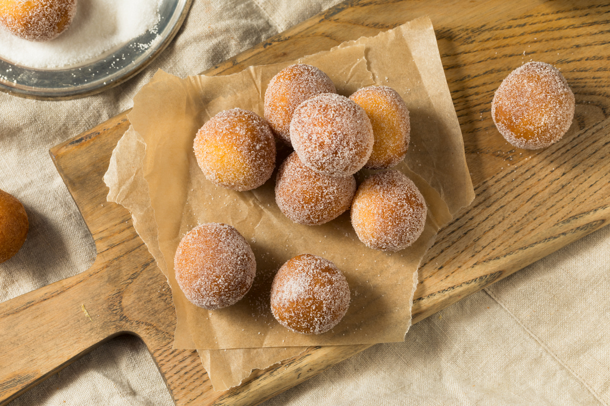 Homemade Fried Cake Donut Holes with Sugar Ready to Eat