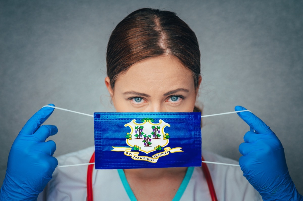 Female Doctor Portrait, protect Face surgical medical mask with Connecticut Flag