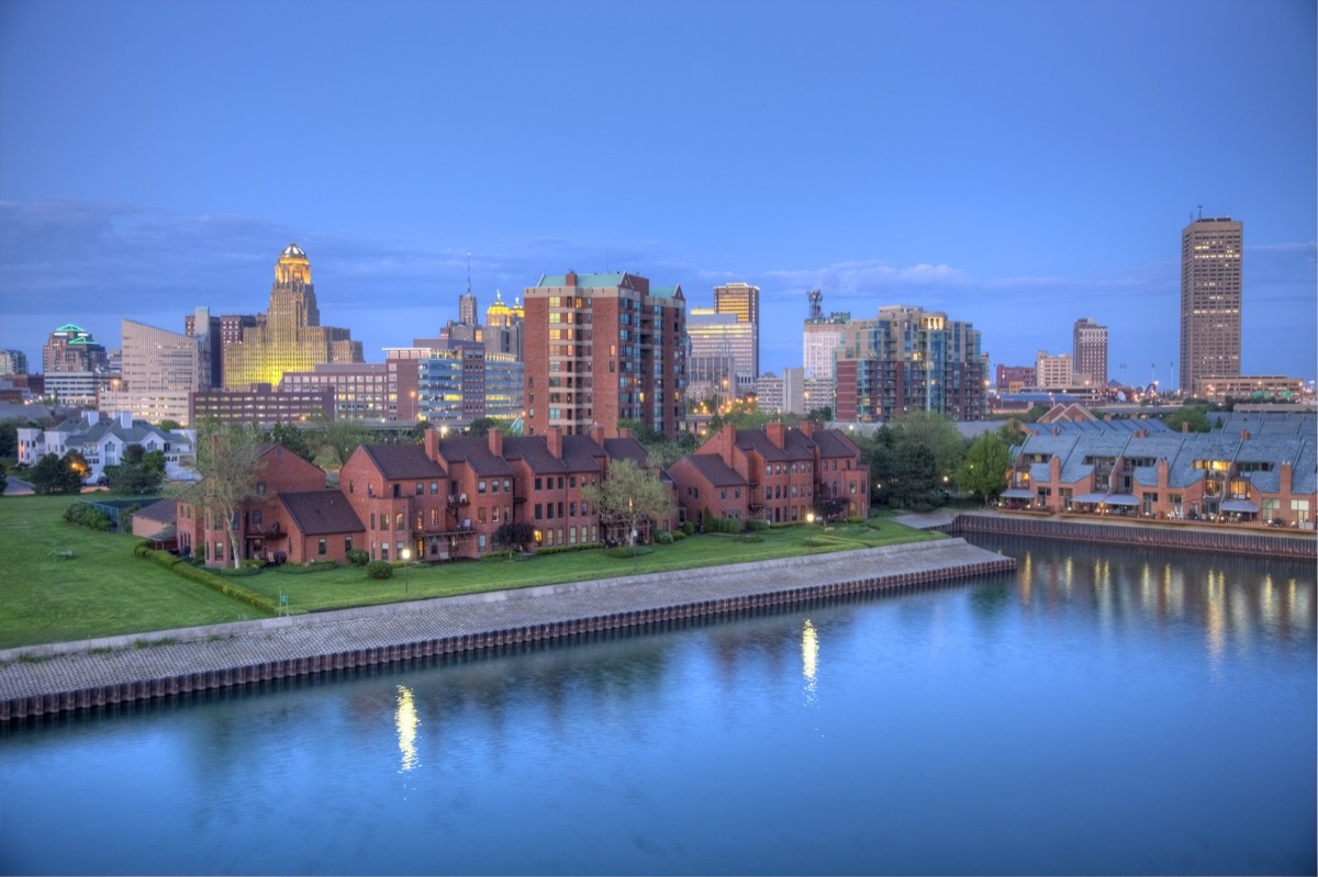 waterfront and city skyline of Buffalo, New York at dusk