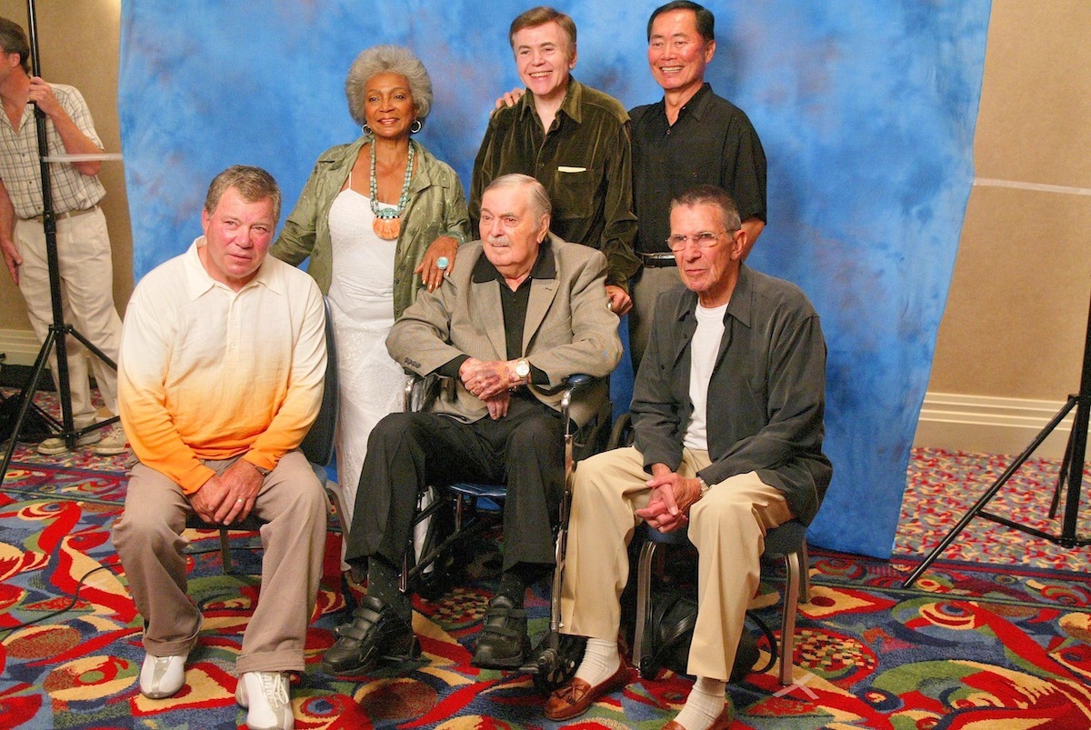 Nichelle Nichols, Walter Koenig, George Takei, William Shatner, James Doohan, and Leonard Nimoy at the James Doohan Farewell Star Trek Tribute in 2004