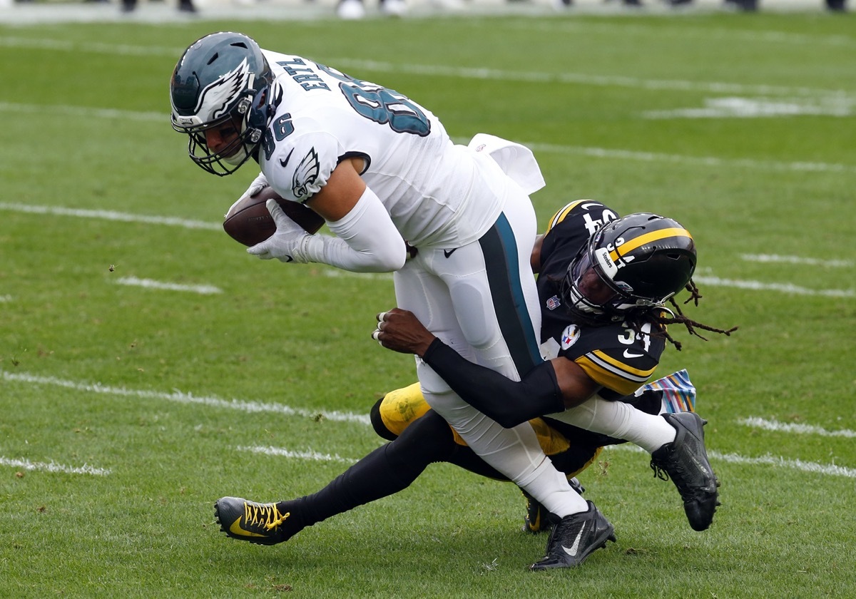 Zach Ertz of the Philadelphia Eagles runs after the catch against Terrell Edmunds of the Pittsburgh Steelers during the first half on October 11, 2020 at Heinz Field in Pittsburgh.