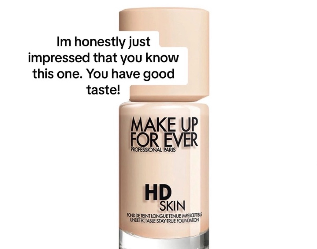 A still of a bottle of Make Up Forever HD Skin Foundation with a caption that says