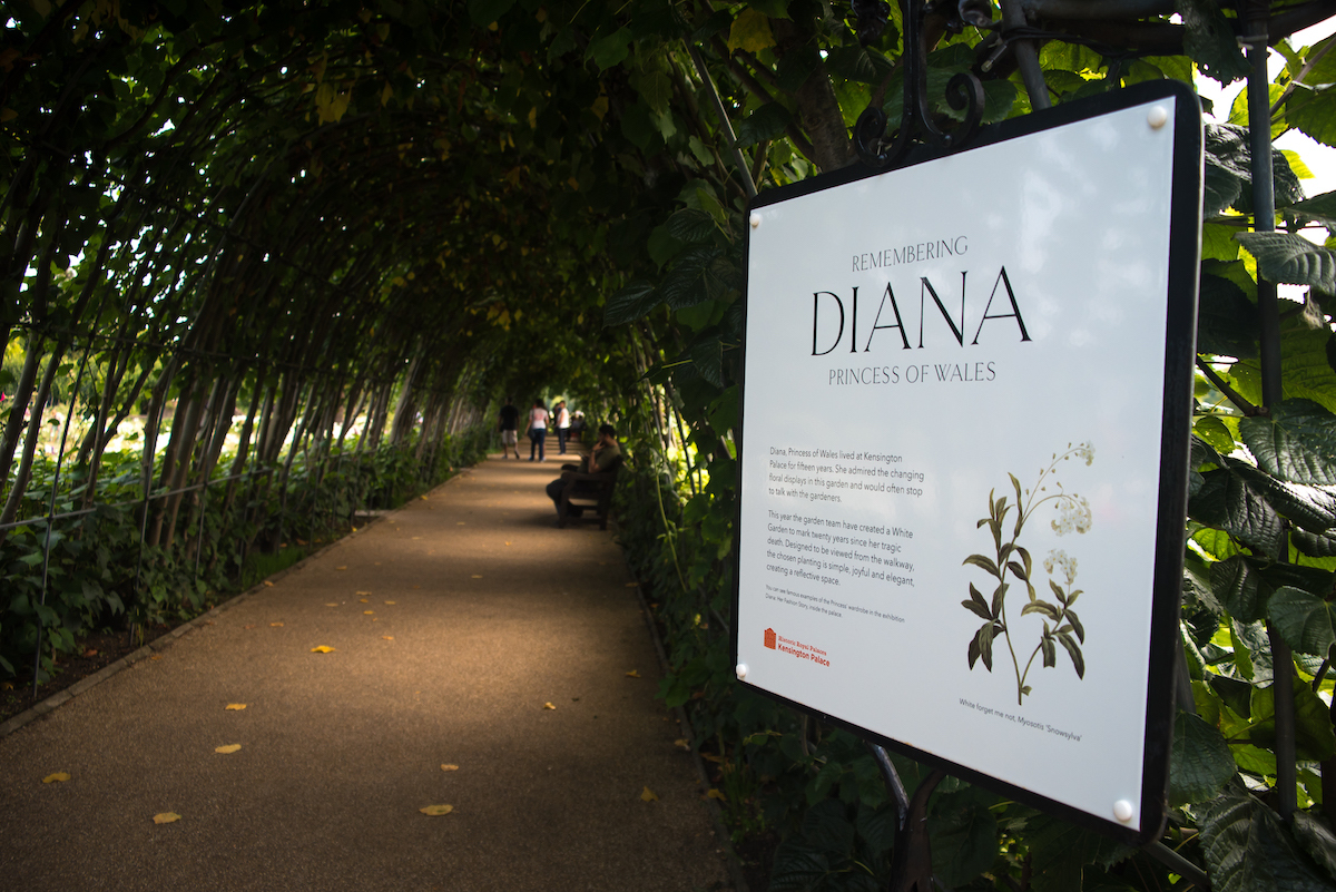 View of the White Garden, created to celebrate the life of Diana, the Princess of Wales, at Kensington Palace, London on August 29, 2017. In Spring and Summer 2017, the historic Sunken Garden at Kensington Palace will be temporarily transformed into a White Garden. It is created with thousands of white flowers and foliage to mark the 20th anniversary of the death of Diana.