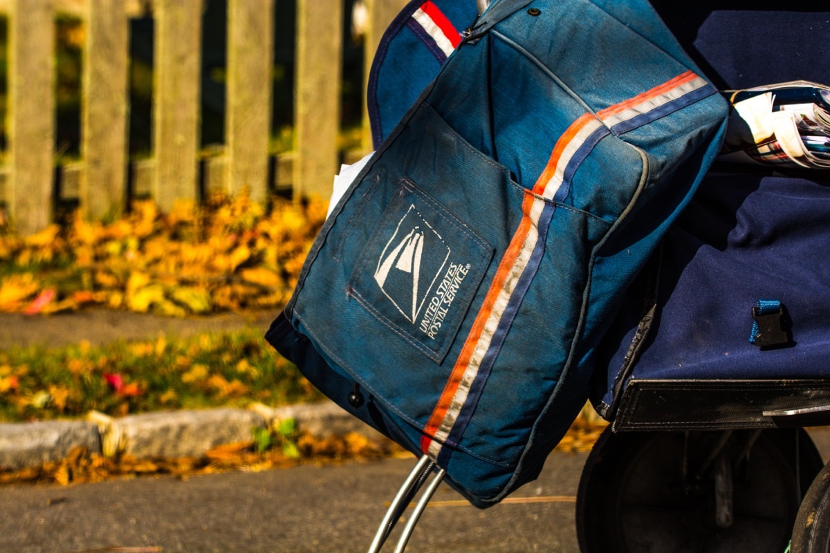 close up of usps postal carrier's satchel