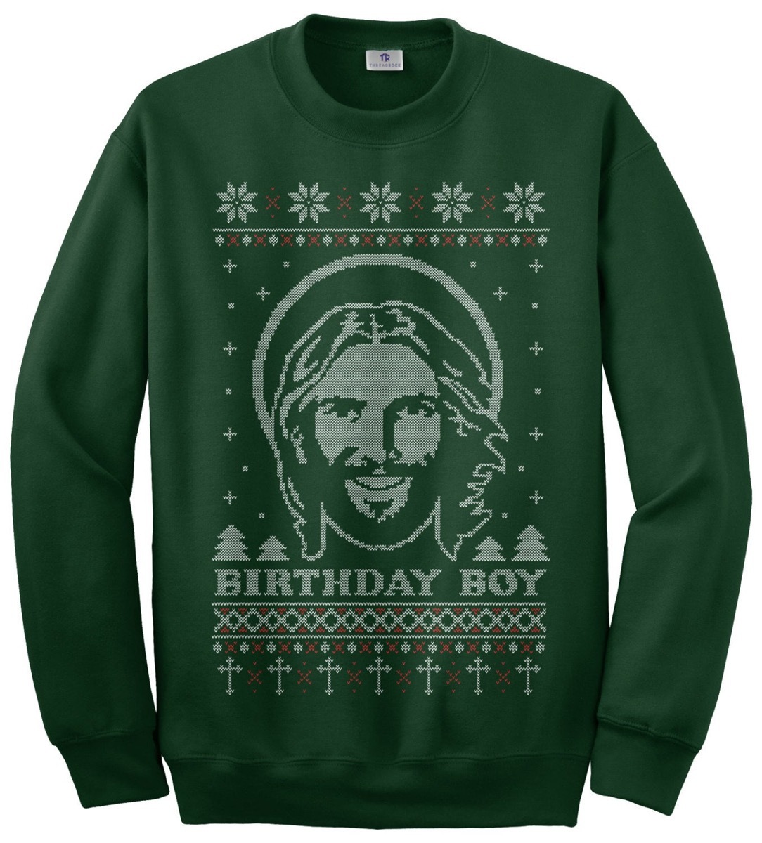 green sweater with picture of jesus and the words