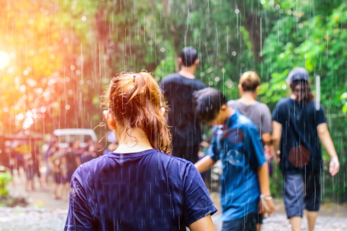 kids or young adults outside in the rain