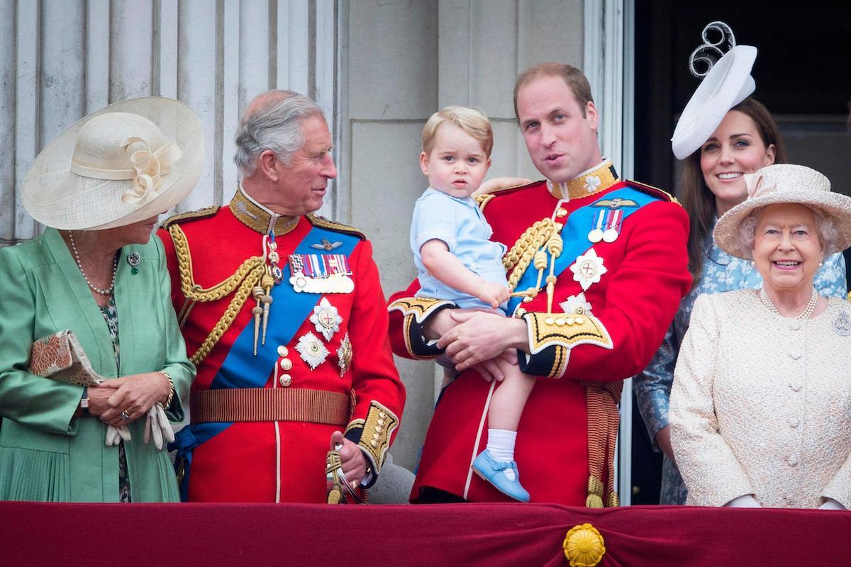 Camilla (L-R), Duchess of Cornwall, Prince Charles, Prince George, Prince William, Duke of Cambridge, Catherine, Duchess of Cambridge, and Queen Elizabeth seen on the balcony of Buckingham Palace, central London 13 June 2015 following the Trooping the Colour