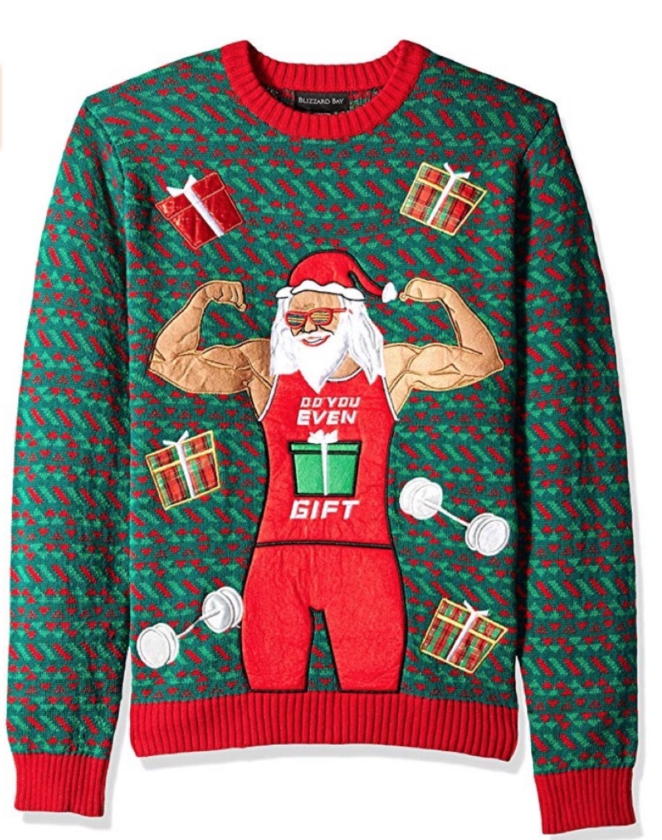 green christmas sweater with muscular santa and