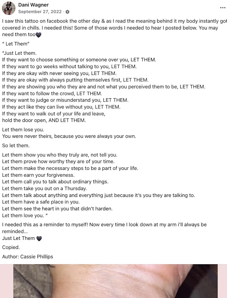 Screenshot of Facebook post by Dani Wagner reposted by Cassie Phillips featuring 