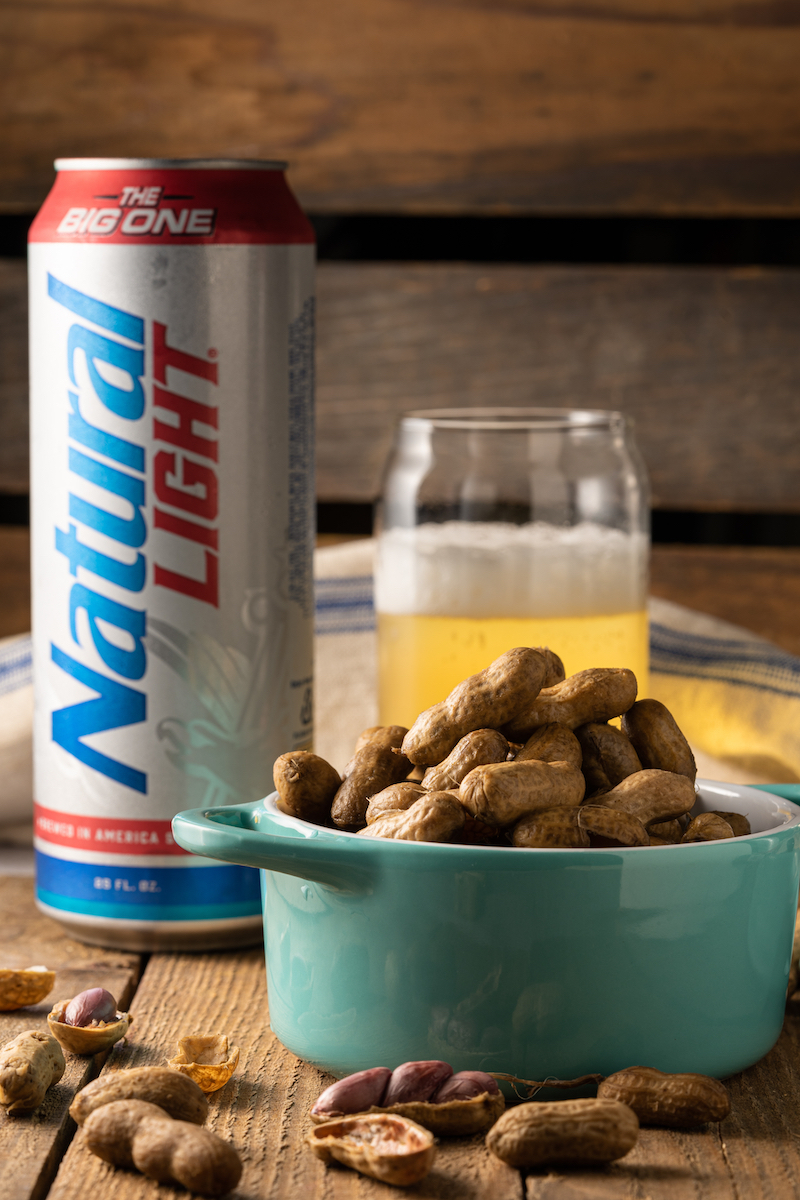 Boiled peanuts with Natural Light beer.