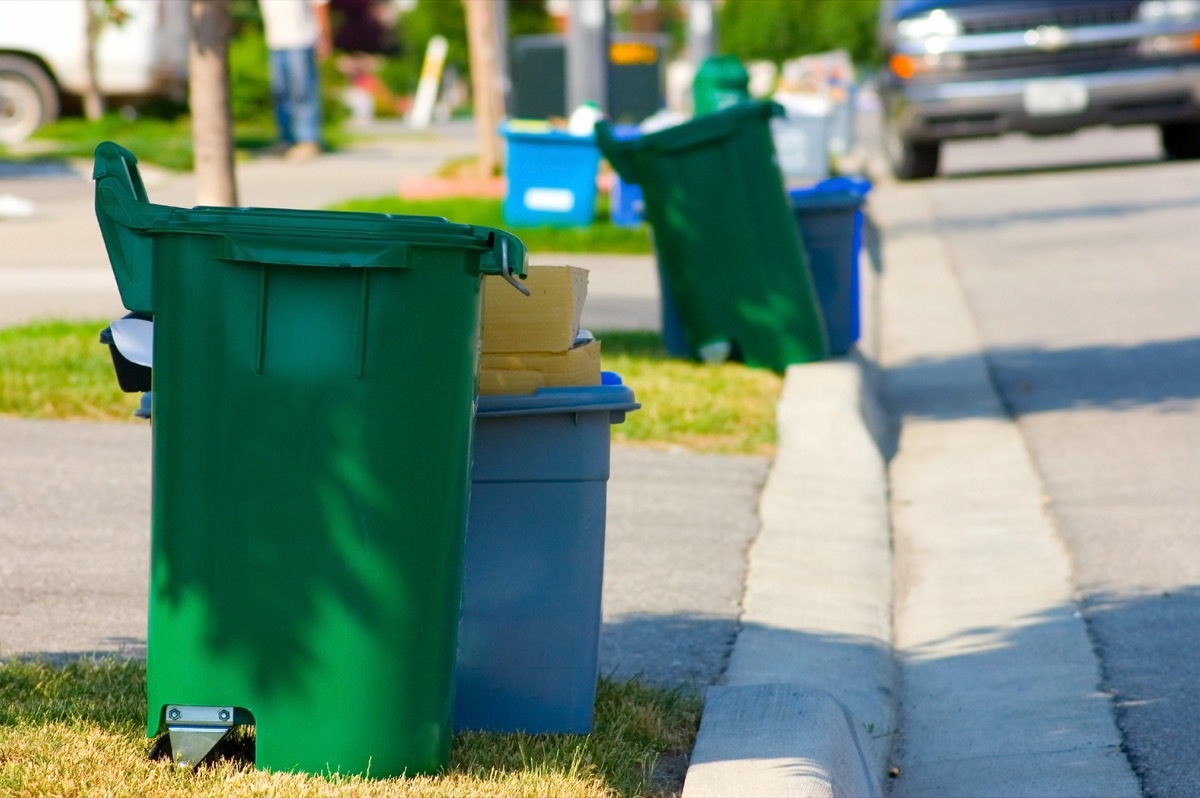 Green and blue recycling bins by the curb on a residential street.