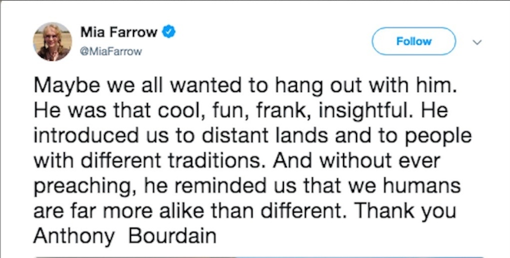 mia farrow pays tribute to anthony bourdain