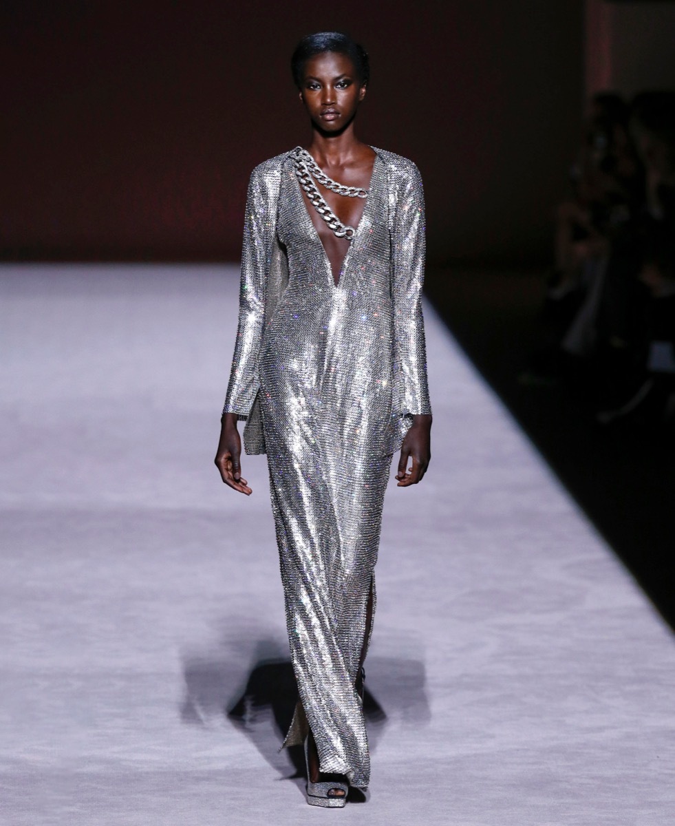 New York, New York - February 06, 2019: A model walks the runway at Tom Ford Fall Winter 2019 Fashion Show at Park Avenue Armory