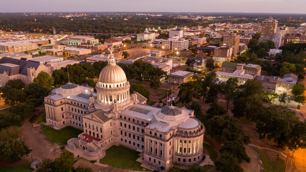 The skyline of Jackson, Mississippi at sunset