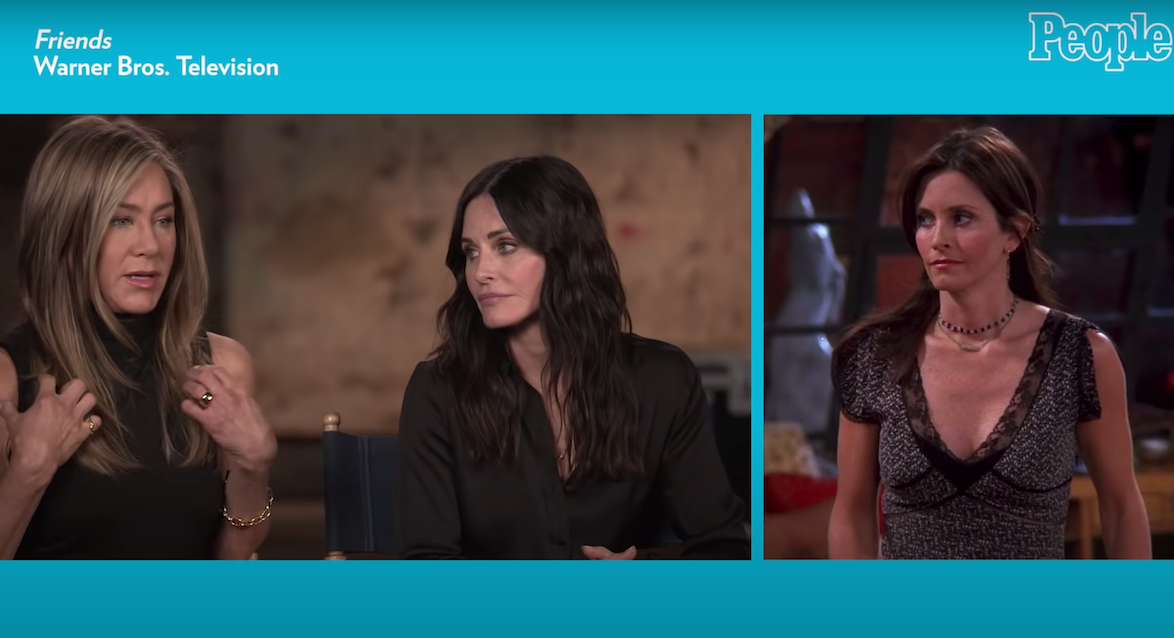 Jennifer Aniston and Courtney Cox being interviewed by