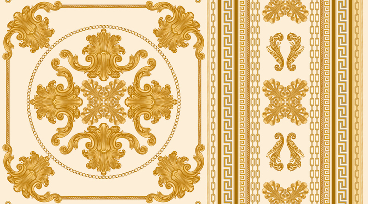 Seamless border pattern print on a beige background, Gold chains and cables, Greek Meander frieze, Baroque scrolls and pearl shell. Scarf, neckerchief, kerchief, carpet, rug, mat frieze