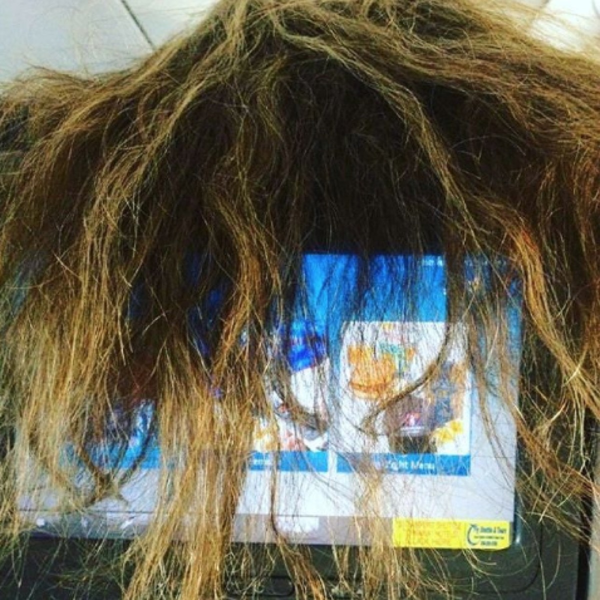 Woman's Hair Covers Screen On Airplane Seat, Example of Terrible Airplane Passengers