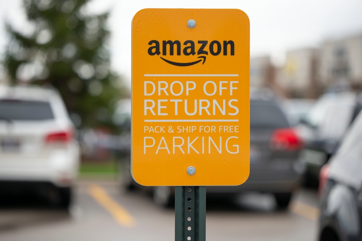South Elgin, Illinois - Circa 2019: An Amazon Drop Off or Return sign outside of a Khol's department store.