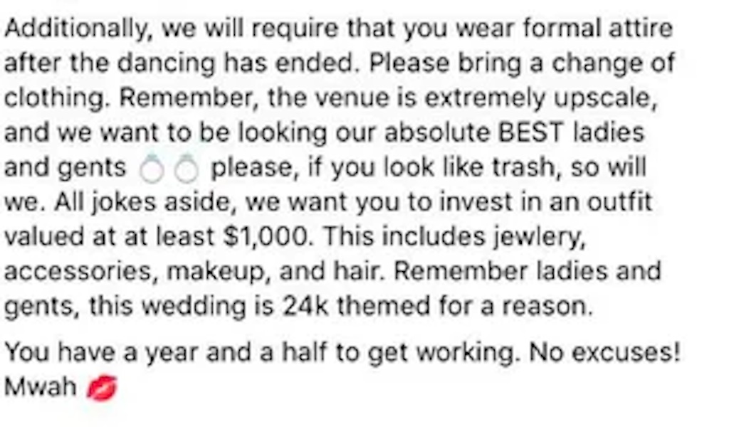 bride demands guests dress according to their weight