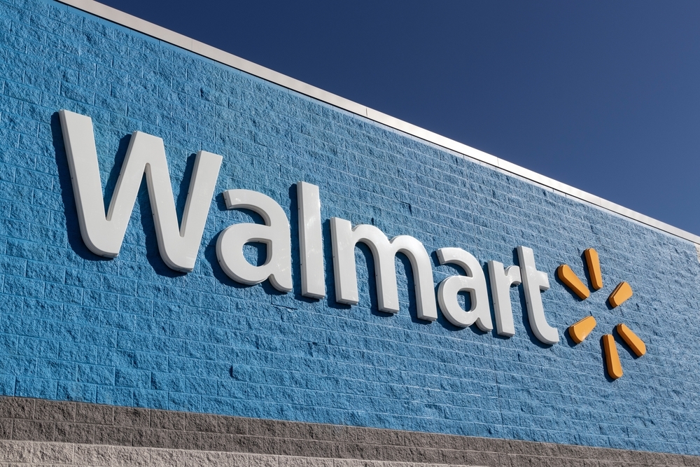 The exterior sign of a Walmart store