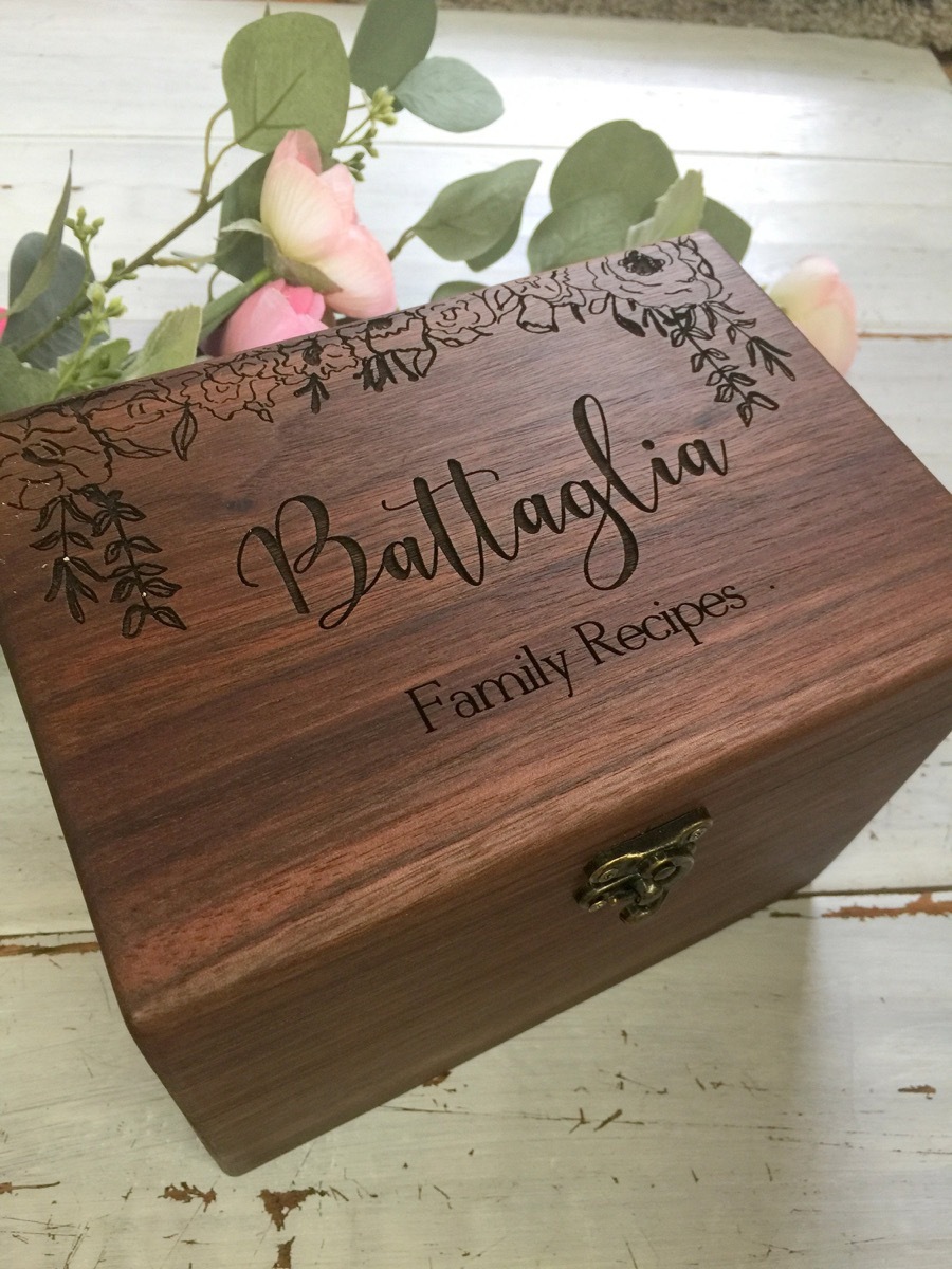 wooden recipe box with