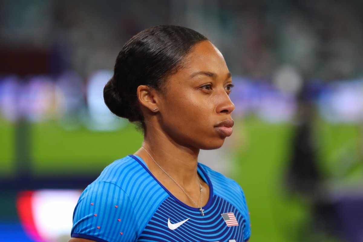 Minsk, Belarus - September 9, 2019 : Athletic match Europe v USA Minsk 2019. Famous American runner Allyson Felix