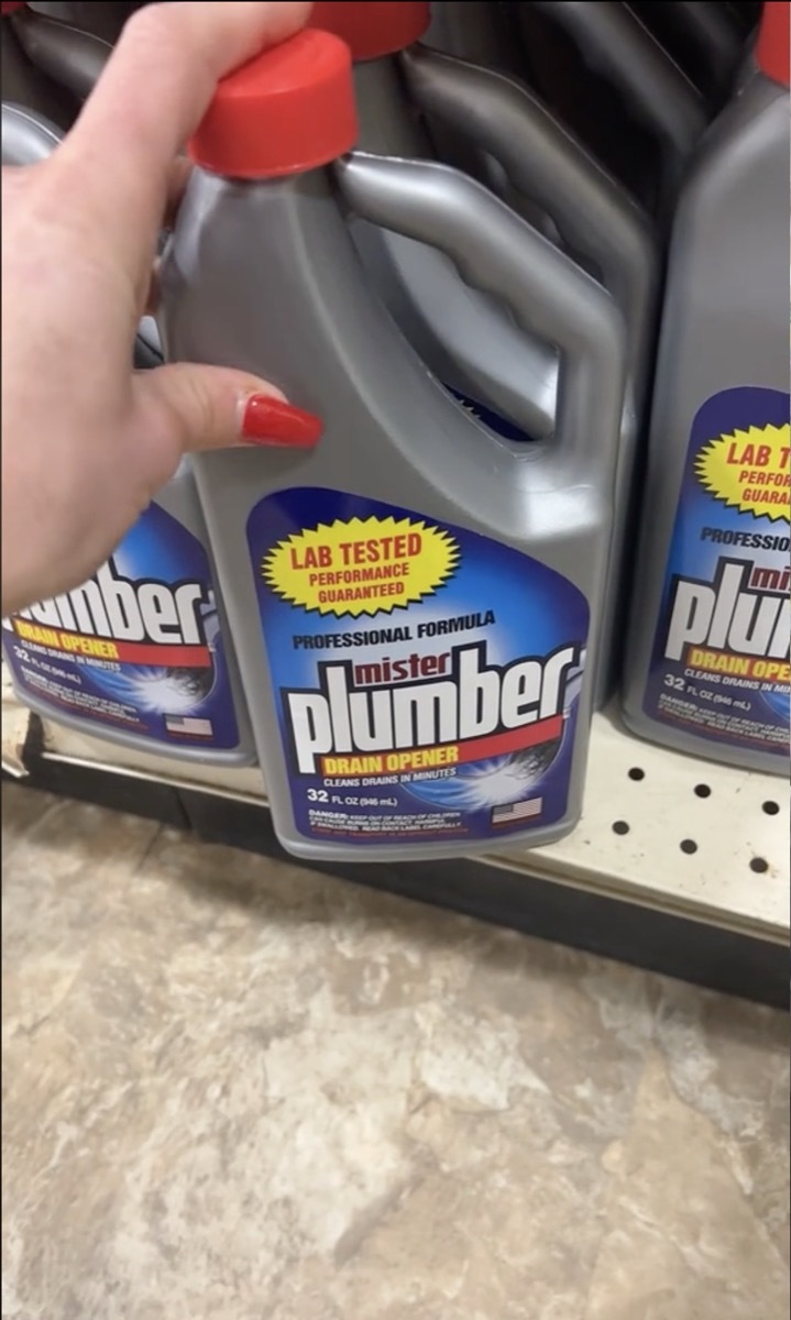 A bottle of Mister Plumber Drain Opener on the shelf at Dollar Tree