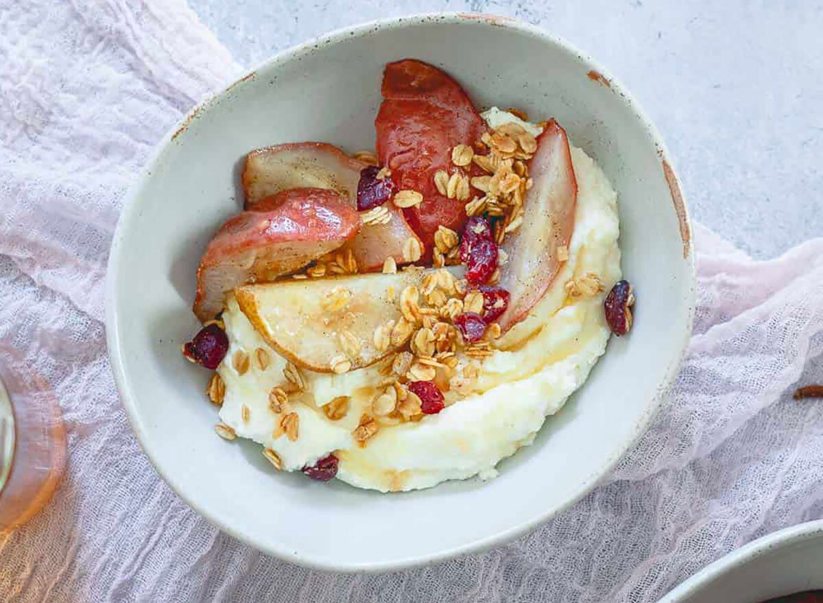 whipped ricotta bowl with roasted pears running to the kitchen